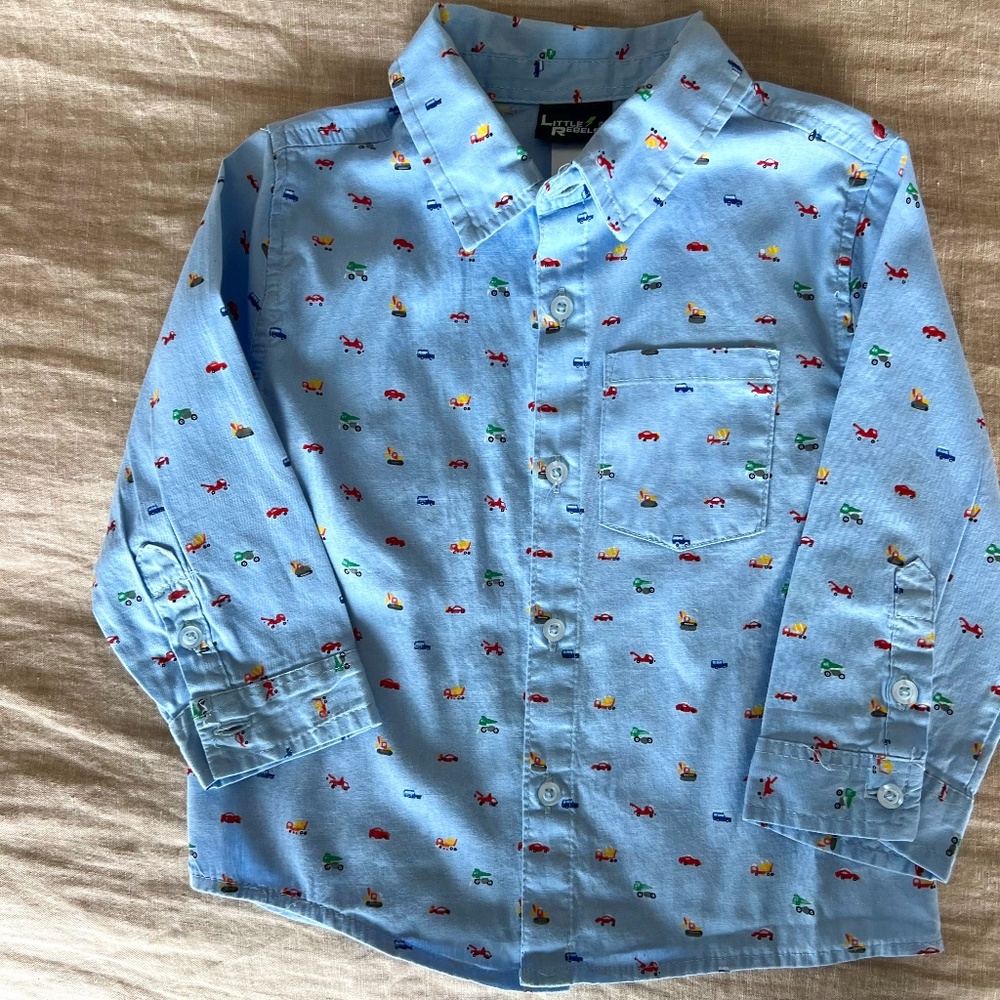 Blue Cars & Trucks Print Button-Down Pocket Shirt